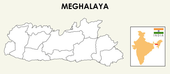 Meghalaya Map. District map of Meghalaya. Meghalaya in India map in 2020. District map if Meghalaya in outline.