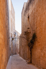 Buildings with old fashioned lanterns and balconies. Ancient narrow street in Mdina, Malta.