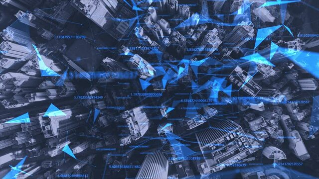 AERIAL. Top view of smart city concept with blue connection lines. Hong Kong city financial centre from the drone view. Digital urban concept.