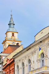 Fototapeta na wymiar Reformed Church and old buildings, Berehove, Zakarpattia, Ukraine