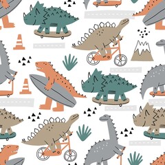 Cute cartoon dino on a skateboard, bike, surf, scooter in flat style. Dinosaur summer seamless pattern © NadezdaBarkova