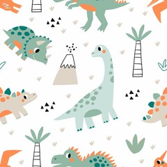 Cute doodle dino. Cartoon illustration dinosaur for children. Vector seamless pattern with cute dino in flat style