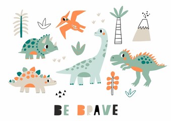 Cute doodle dino. Cartoon illustration dinosaur for children. Vector print with cute dino in flat style