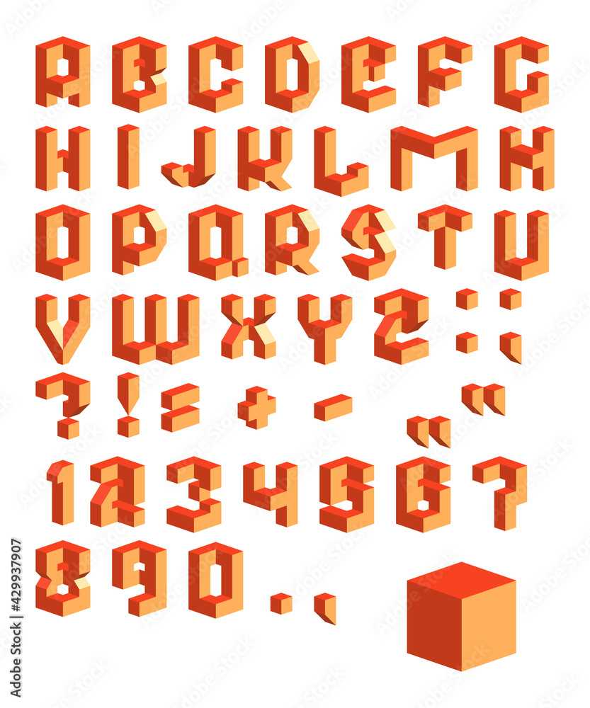 Fototapete vector isometric 3d font. collection of red letters, numbers and punctuation marks