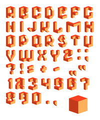 Vector isometric 3d font. Collection of red letters, numbers and punctuation marks