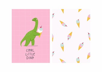 Cute comic dinosaurs and ice cream. Cute cartoon dino for kids t-shirt prints. Green and pink - Vector illustration.
