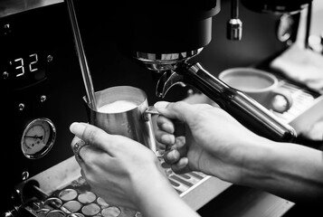 Closed up of barista’s hand holding pitcher full of milk frothing from coffee machine. For making cappuccino or latte. Black and white tone