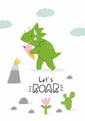Obraz premium Cute comic dinosaurs and ice cream. Cute cartoon dino for kids t-shirt prints. Green and pink - Vector illustration. 