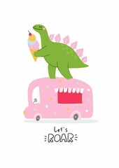 Cute comic dinosaurs and ice cream. Cute cartoon dino for kids t-shirt prints. Green and pink - Vector illustration.  © NadezdaBarkova