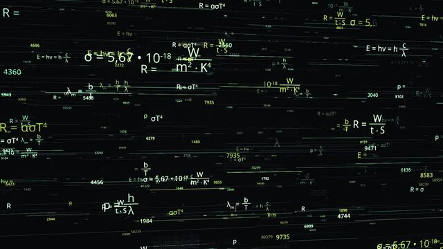 Abstract floating mathematical formulas on the dark background. Animation. Concept of school studies, formulas becoming a source of light as a symbol of knowledge power.