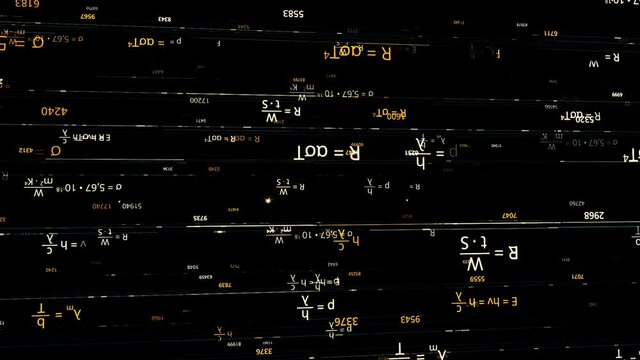 Endless quantity of scientific formulas turned upside down being written on black background, seamless loop. Animation. Golden and white complex mathematical formulas.