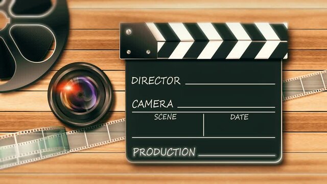 Camera operator theme, film reel, lens camera with movie clapper on wooden desk, video loop hobbies 4K UHD template background