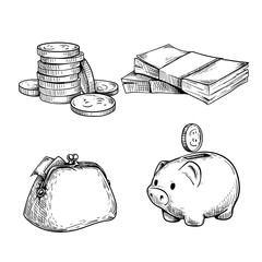 Money and finance sketch set. Stack of coins, wad of cash, vintage wallet and piggy bank with coin. Hand drawn vector illustrations isolated on white.