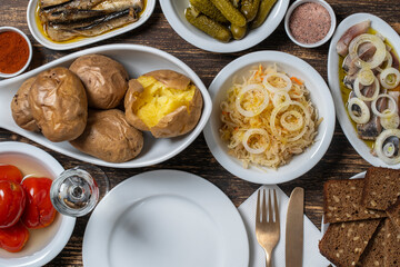 Simple rustic ukrainian food on wooden table, close up, top view.