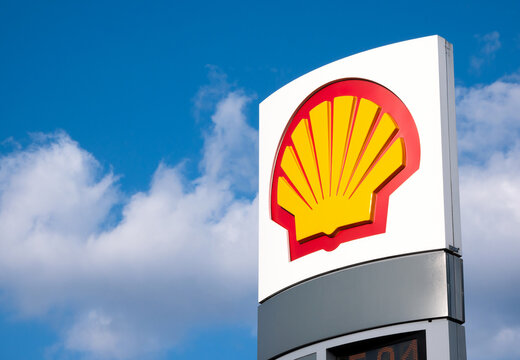 Royal Dutch Shell gas station signage, shell symbol sign closeup, detail, Shell brand logo, oil and gas company, worldwide global gas petrol distributor