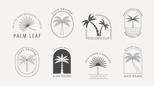 Bohemian linear logos with palms, beach, ocean landscapes, icons and symbols, sun design templates, terracotta geometric abstract design elements for decoration. 