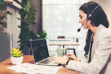 Call center and customer service team support for information operator at work.  People woman...