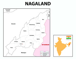 Nagaland map. Outline map of Nagaland.  Nagaland administrative and political map. Nagaland map with neighbouring countries and border in white colour.
