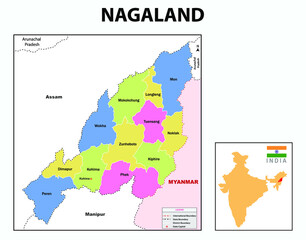 Nagaland map.  Nagaland administrative and political map. Nagaland map with neighboring countries and borders.
