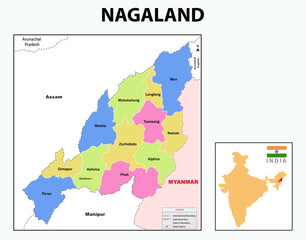 Obraz premium Nagaland map. Nagaland administrative and political map. Nagaland map with neighboring countries and borders.