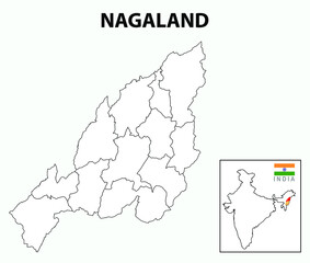 Nagaland map. District map of Nagaland. Outline map pf Nagaland. Blank and white map.