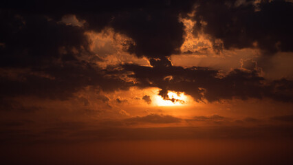 Sunset, sunrise with clouds. orange skies and sun