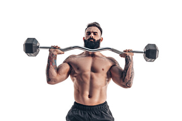 Fototapeta na wymiar Muscular bodybuilder guy doing exercises with dumbbell over whit