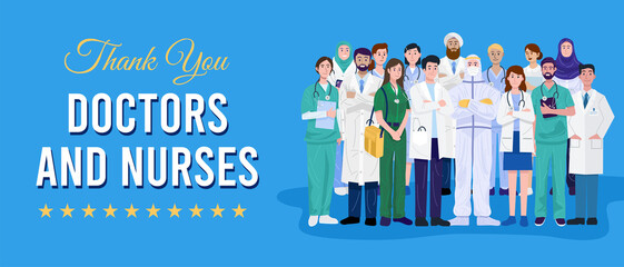 Frontline heroes, Illustration of doctors and nurses characters wearing masks. Vector
