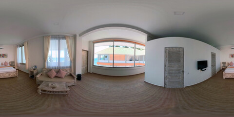 vr 360 bedroom interior with large bed in luxury hotel. Hotel room Interior travel concept.