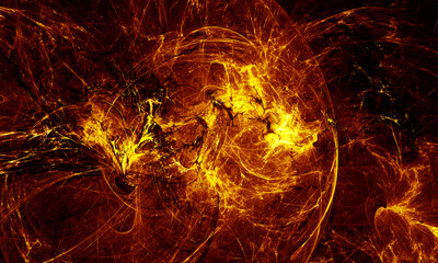Golden blazing fire on black or red hot solar motion in deep dark space. Abyss of the universe. Digital illustration. Great as design template, cover or backdrop.