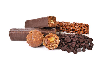 Yummy chocolate candies on white background