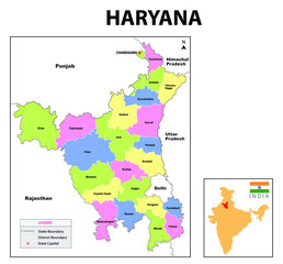 Haryana map. Haryana administrative and political map. Haryana map with neighboring countries and borders.