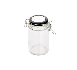 Empty glass jar on a white background