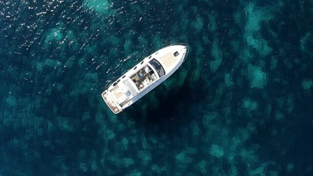 Aerial view, Flight over Boat at the bay of Cala Llombards, Santanyi, Mallorca, Balearic Islands, Spain,