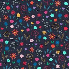 Multi color floral background with bright flowers and leaves on a dark blue background. Colorful flower print.
