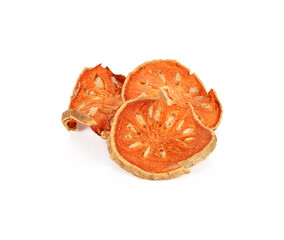 Dried sliced Bael fruit isolated on white background.