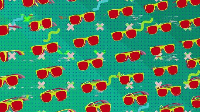 Spinning sunglasses looped background pattern with glitch effect
