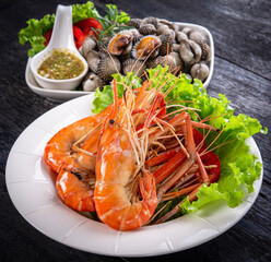 Seafood grilled on white plate