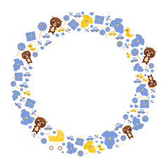 Baby items circle frame for baby shower invitation, its a boy party, newborn elements in blue colours