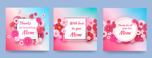 Set of cards with spring flowers and hearts on a gradient background. Vector symbols of love in the shape of a heart for design greeting cards Happy Mother s Day. Vector