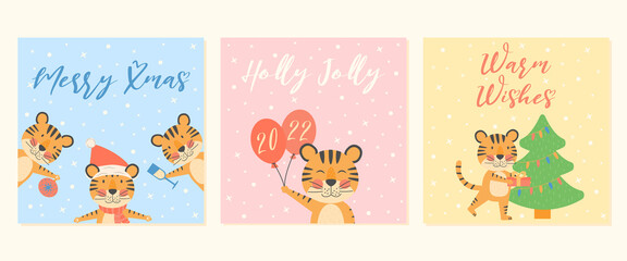 Merry Xmas, Holly Jolly, Warm Wishes greeting cards set for New Year and Christmas. Banners with tiger, symbol 2022, year mascot. Holiday winter concept with vector character