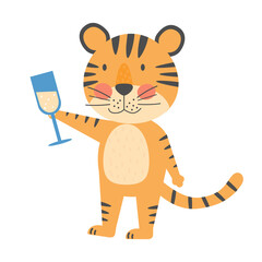 Smiling tiger with glass champagne, symbol of 2022 year. New year mascot. Cute vetor flat animal character, isolated on white background