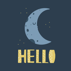 Lettering hello in scandinavian style with moon