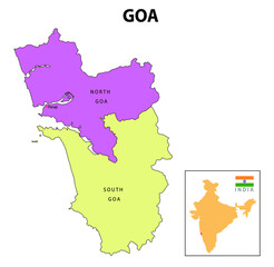 Goa map. District map of Goa in 2020. District map of Goa in colour with capital. - obrazy, fototapety, plakaty