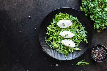 salad quenelle cream cheese green lettuce leaves cuenelle petals mix trend diet meal snack copy space food background rustic. top view keto or paleo diet vegetarian food
