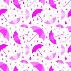 Pink umbrellas on white background seamless pattern. Vector illustration.