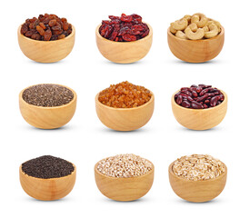 Variety of healthy grains and seeds on white background