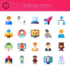 entrepreneur icon set. 20 flat icons on theme entrepreneur. collection of clerk, characters, startup, director, time management, unicycle, man, projection, businesswoman, businessman
