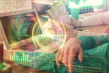 Double exposure of man and woman working together and technology theme drawing hologram. Big data concept. Computer background.