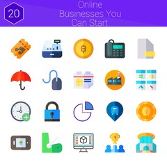 online businesses you can start icon set. 20 flat icons on theme online businesses you can start. collection of calendar, factory, siam paragon, ticket, shape, umbrella, graphic design